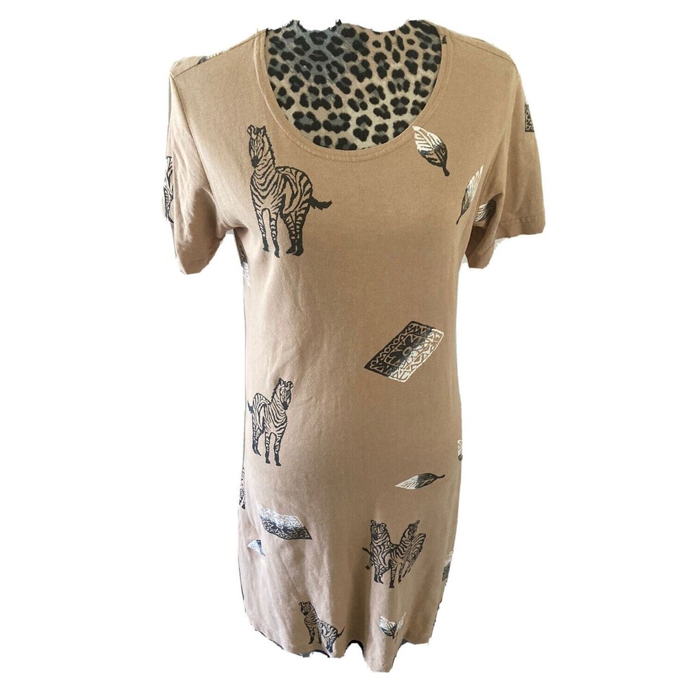 Copa Cabana Dress Size L Large Beige Safari Zebra Artsy Short Sleeve